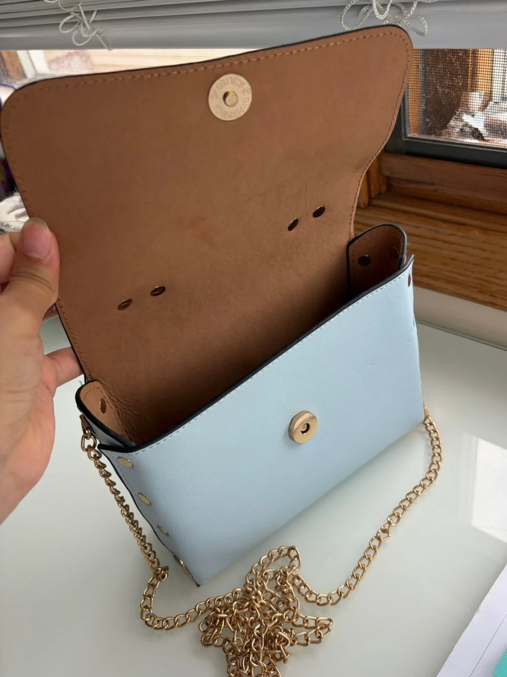 Pastel Blue Crossbody Bag with Multicolor Feather Handle